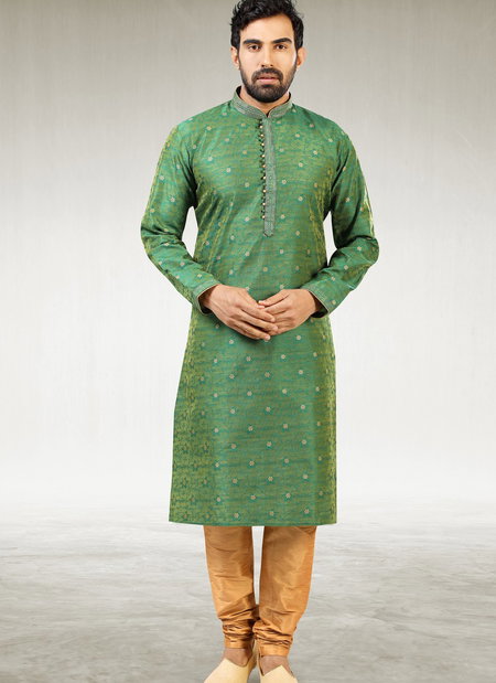 Green Colour Outluk New Latest Design Jacquard Silk Brocade Party Wear Kurta Pajama Mens Collection 1224-1031
